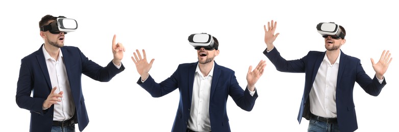 Man using virtual reality headset on white background, collage. Banner design