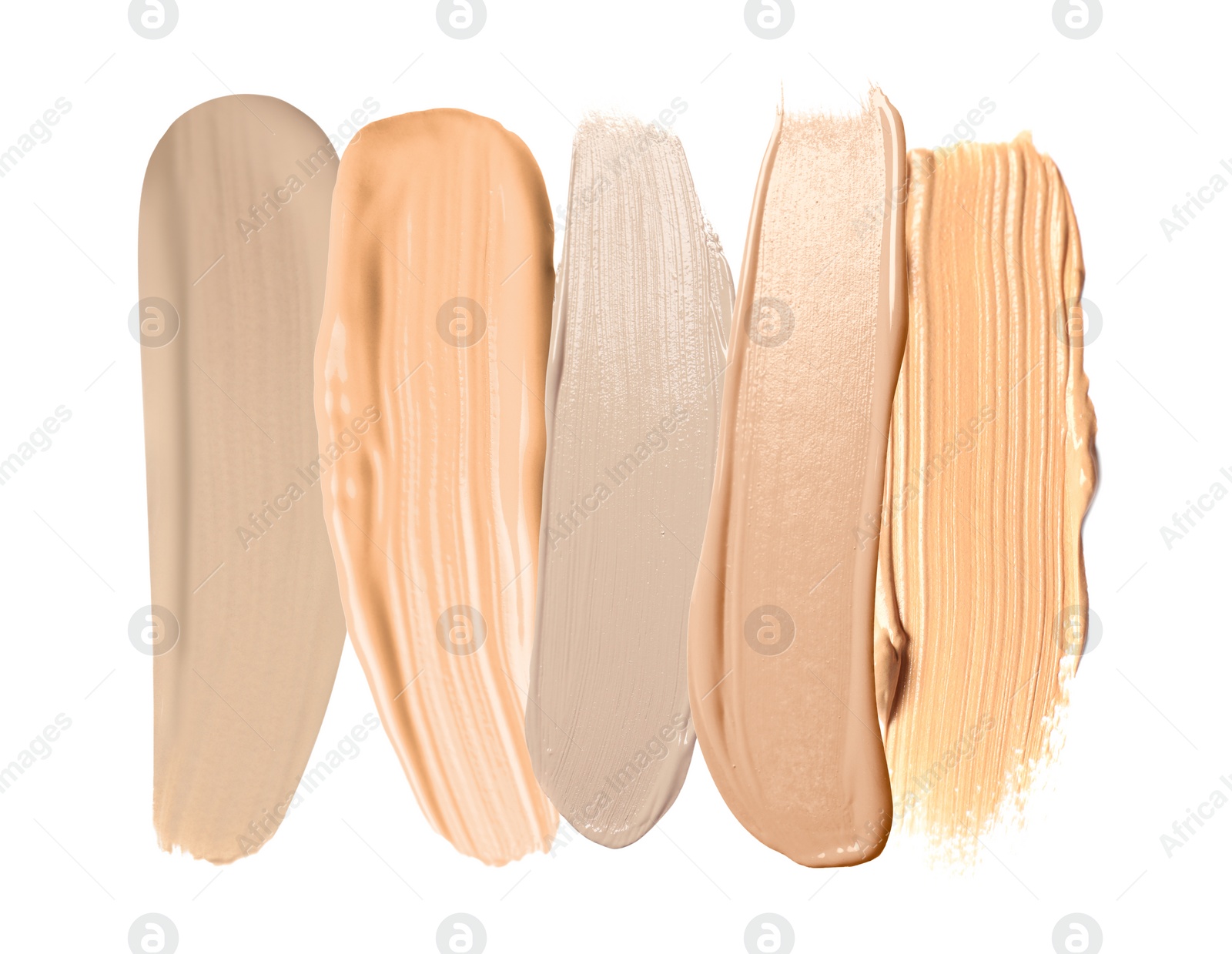 Image of Foundation of various shades for different skin tones isolated on white, top view. Set of samples