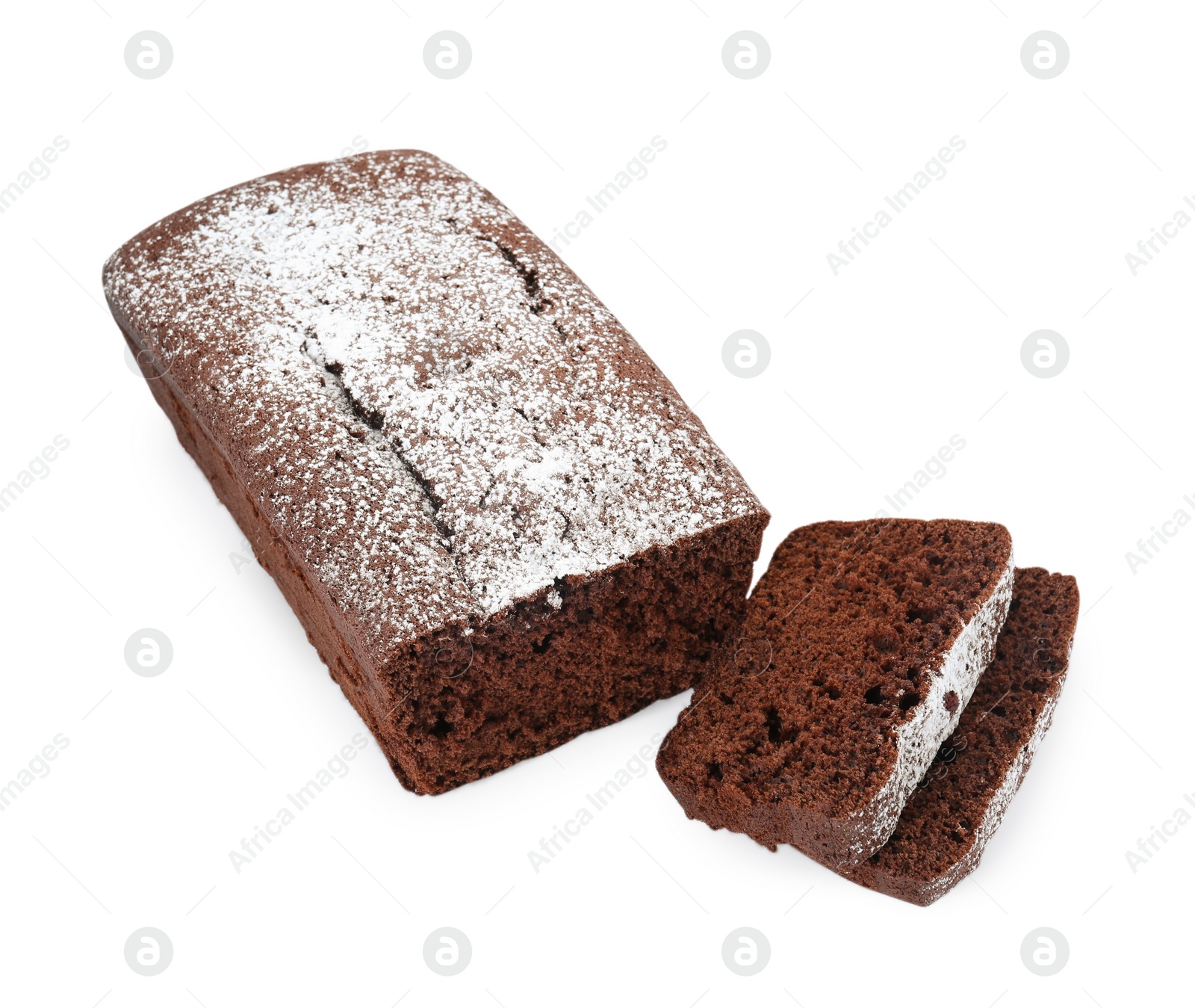 Photo of Tasty chocolate sponge cake with powdered sugar on white background