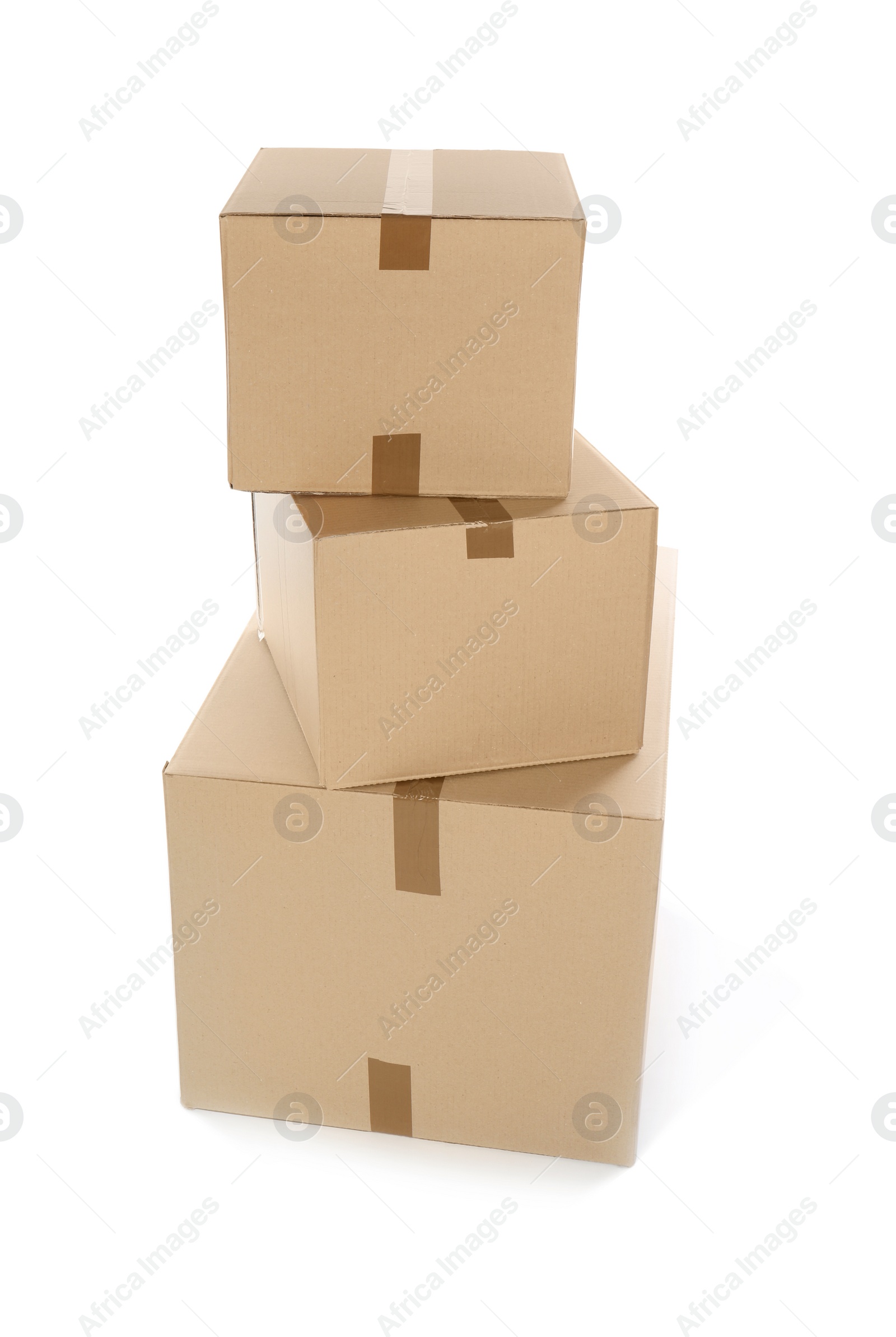 Photo of Cardboard parcel boxes on white background. Mockup for design