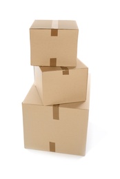 Cardboard parcel boxes on white background. Mockup for design