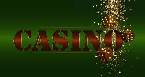 Illustration of Word Casino and falling dice on green background. Banner design