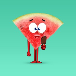 Image of Creative artwork. Happy watermelon with ice cream. Slice of fruit with drawings on turquoise background