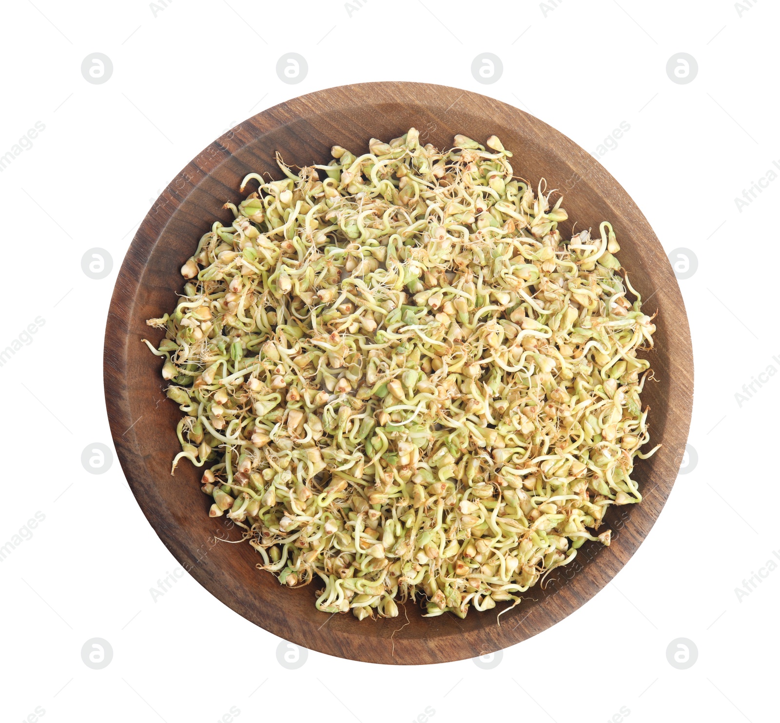 Photo of Wooden plate of sprouted green buckwheat isolated on white, top view