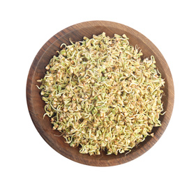 Photo of Wooden plate of sprouted green buckwheat isolated on white, top view