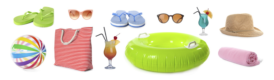 Image of Set of items needed in summer vacation on white background. Banner design