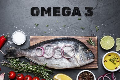 Image of Omega 3. Fresh dorado fish, oil, products and spices on grey table, flat lay