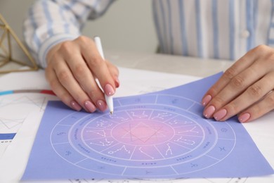 Photo of Astrologer using zodiac wheel for fate forecast at table, closeup. Fortune telling