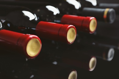 Bottles with delicious wine, closeup