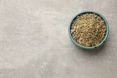 Fennel seeds in bowl on grey table, top view. Space for text