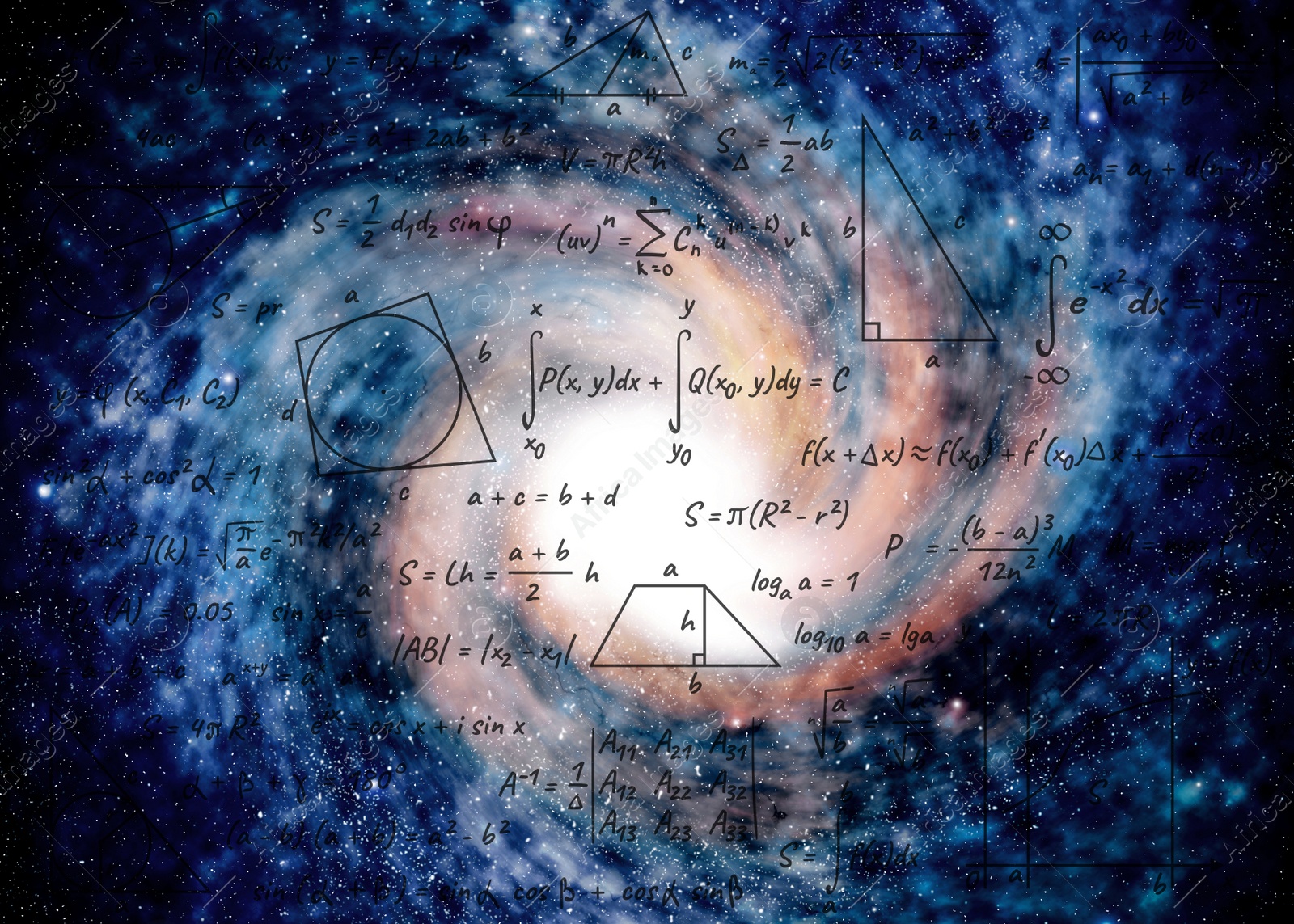 Illustration of  basic physics and mathematics formulas and galaxy in universe