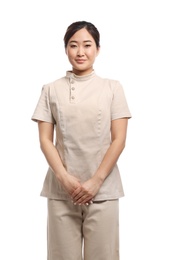 Photo of Professional masseuse in spa uniform on white background