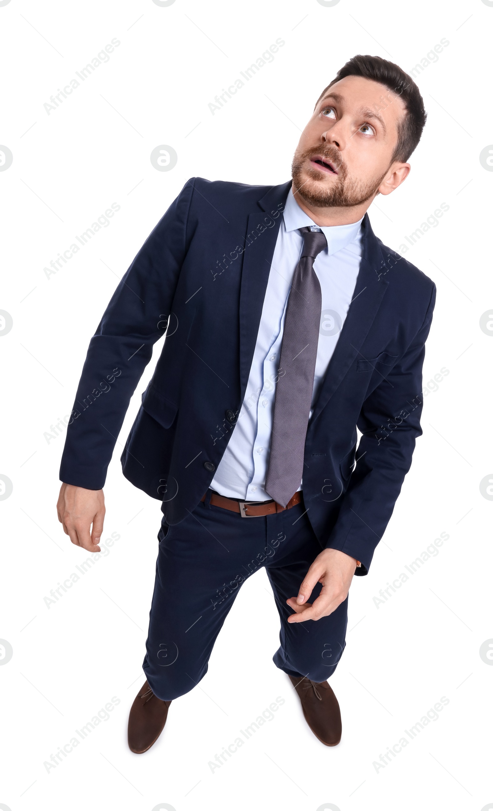 Photo of Handsome bearded businessman in suit on white background, above view