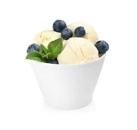 Photo of Delicious vanilla ice cream with blueberries and mint in dessert bowl on white background