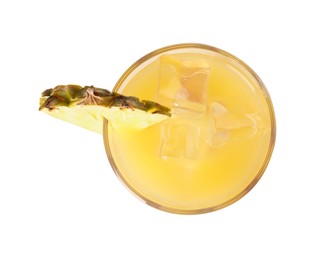 Photo of Glass of tasty pineapple cocktail with ice cubes isolated on white, top view
