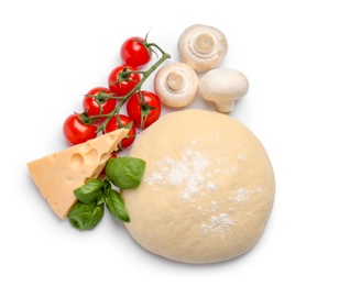 Photo of Ingredients for tasty pizza on white background, top view