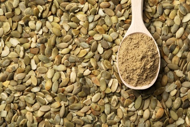 Photo of Spoon of organic flour on pumpkin seeds, top view with space for text