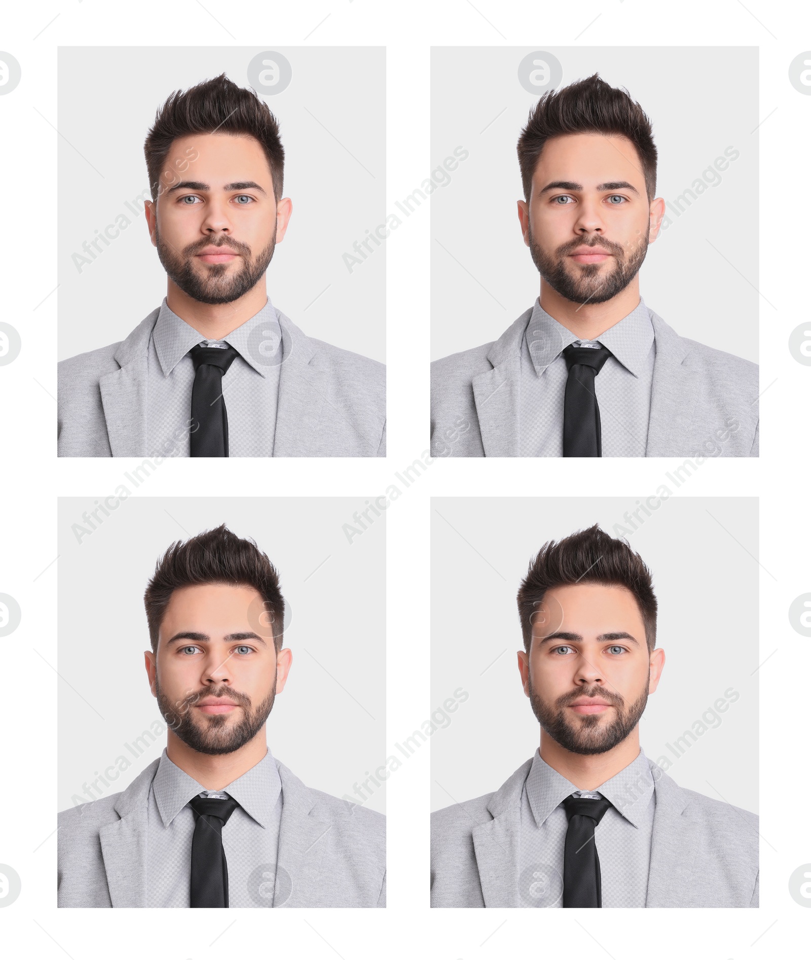 Image of Passport photo, collage. Man on white background, set of photos