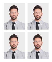 Passport photo, collage. Man on white background, set of photos