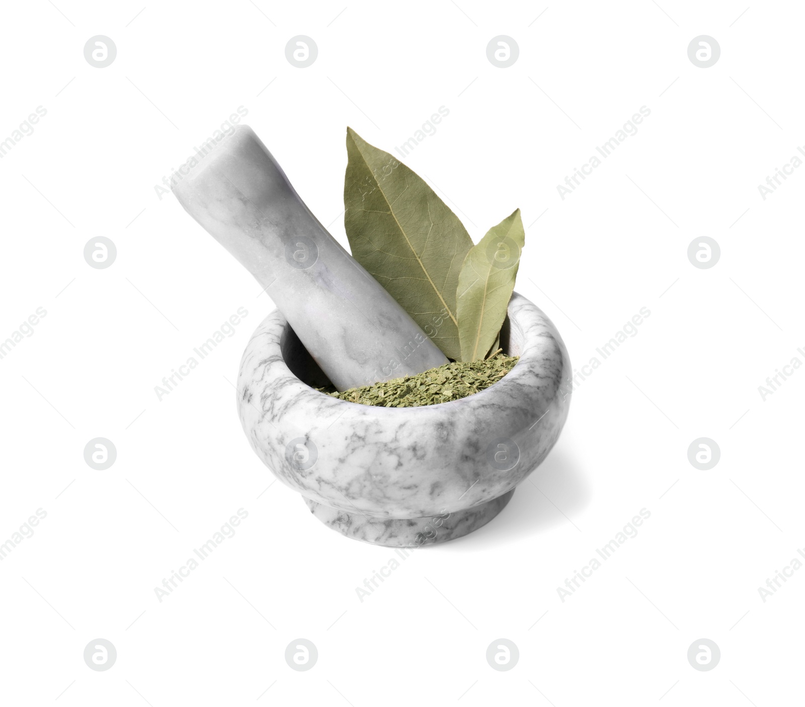 Photo of Marble mortar with whole and ground bay leaves on white background