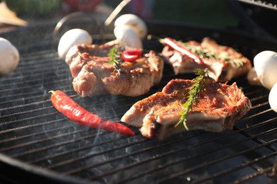 Photo of Cooking meat, chilli peppers and mushrooms on barbecue grill outdoors, closeup