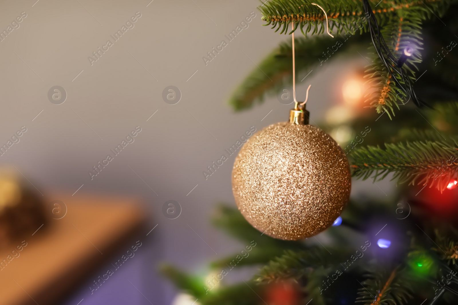 Photo of Christmas tree with stylish decor indoors, closeup