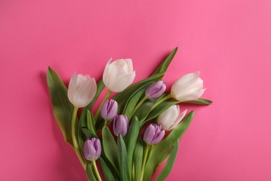 Photo of Many beautiful tulips on pink background, flat lay