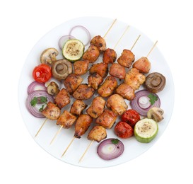 Delicious shish kebabs, mushrooms and grilled vegetables isolated on white, top view