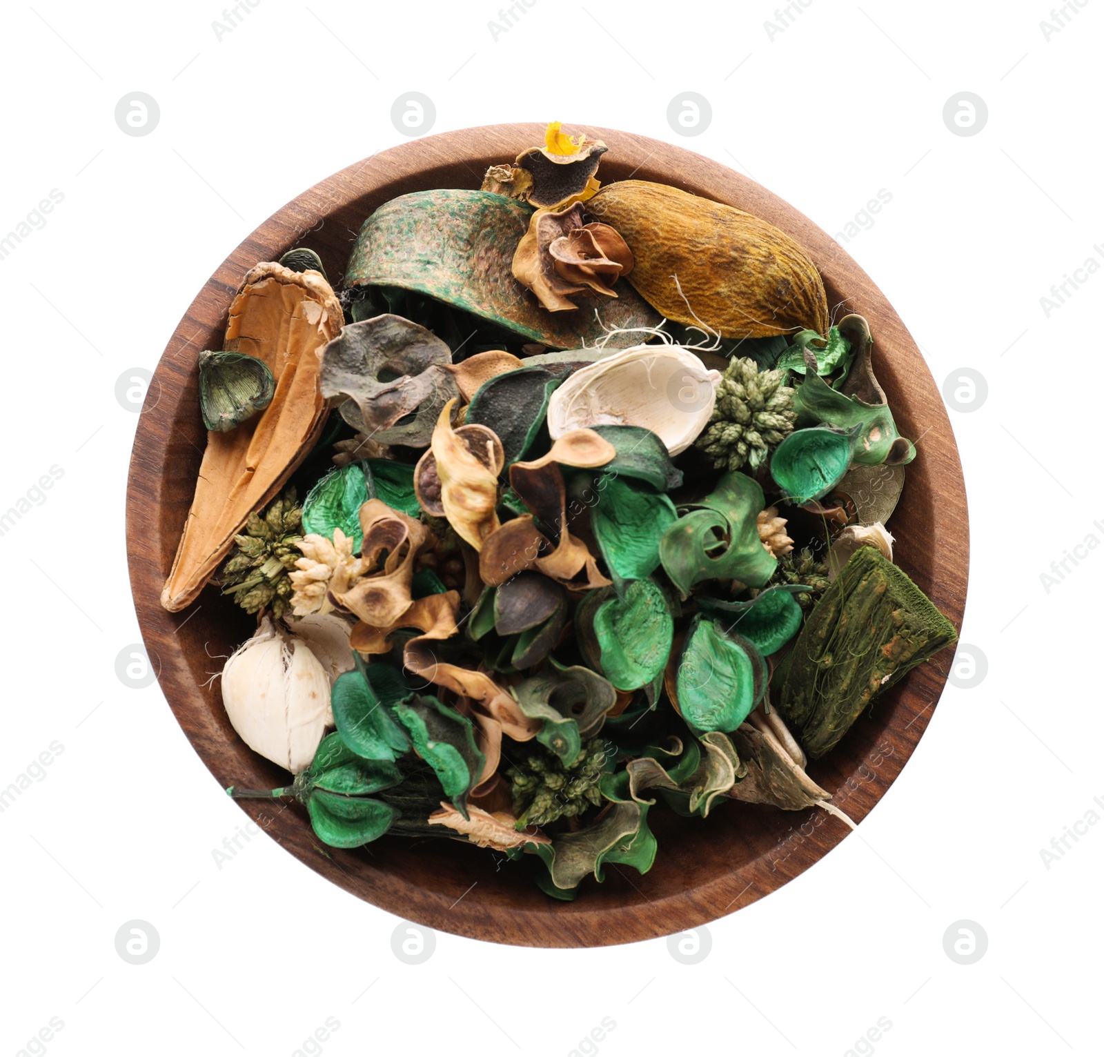 Photo of Bowl with scented potpourri isolated on white, top view