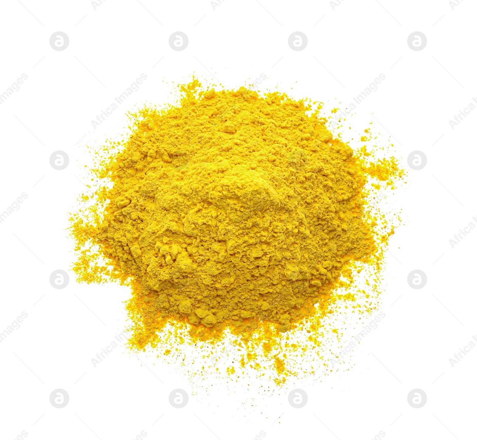 Photo of Pile of yellow powder isolated on white, top view. Holi festival celebration