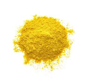 Photo of Pile of yellow powder isolated on white, top view. Holi festival celebration