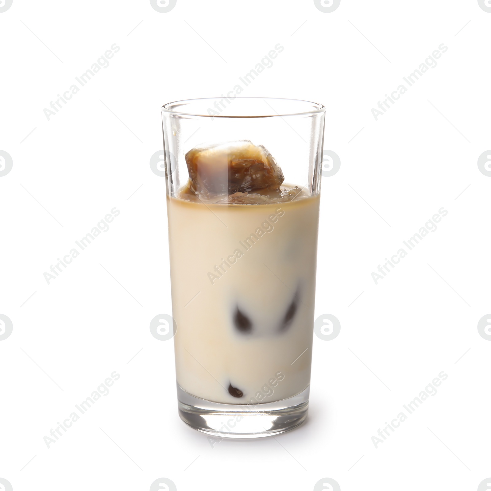 Photo of Glass of milk with coffee ice cubes on white background