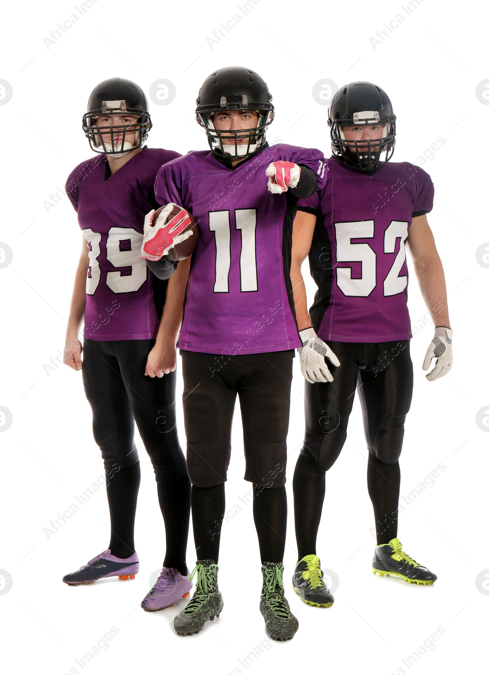 Photo of American football players in uniform on white background