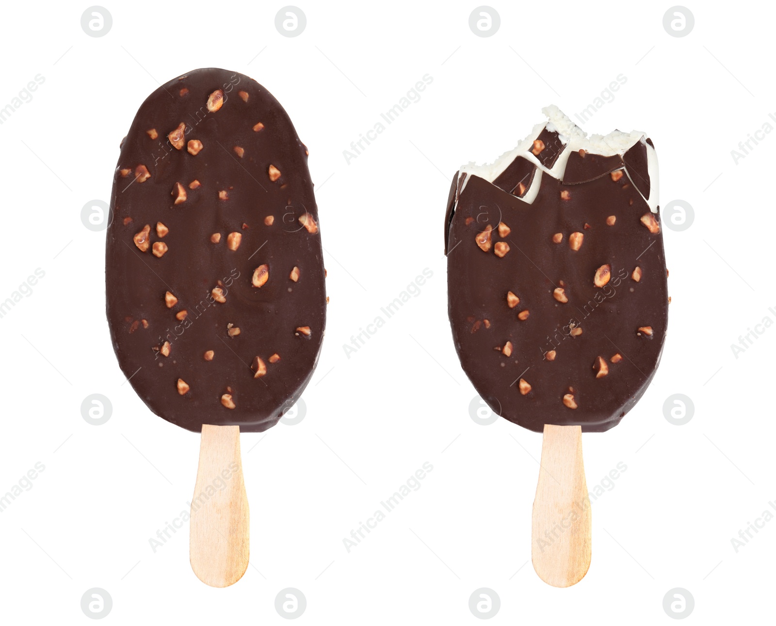 Image of Delicious glazed ice cream on white background, collage 