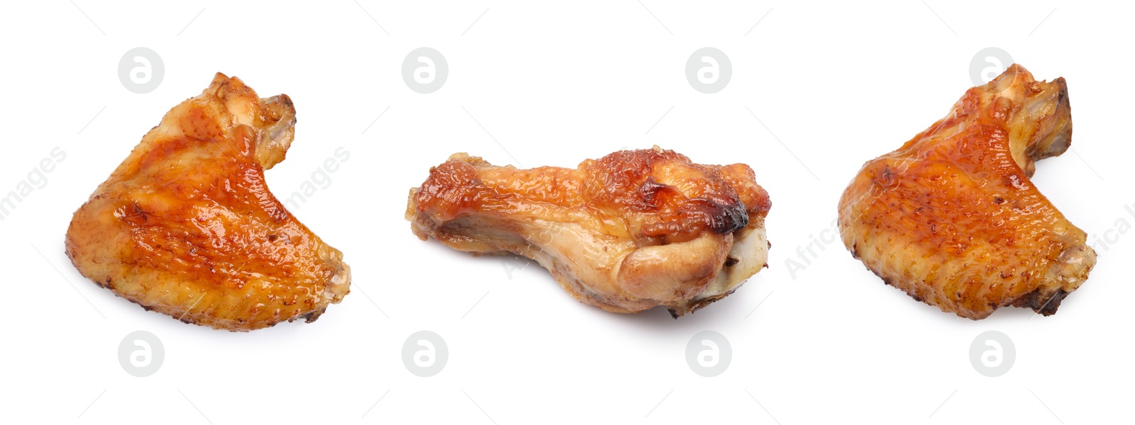 Image of Set with tasty roasted chicken wings on white background. Banner design