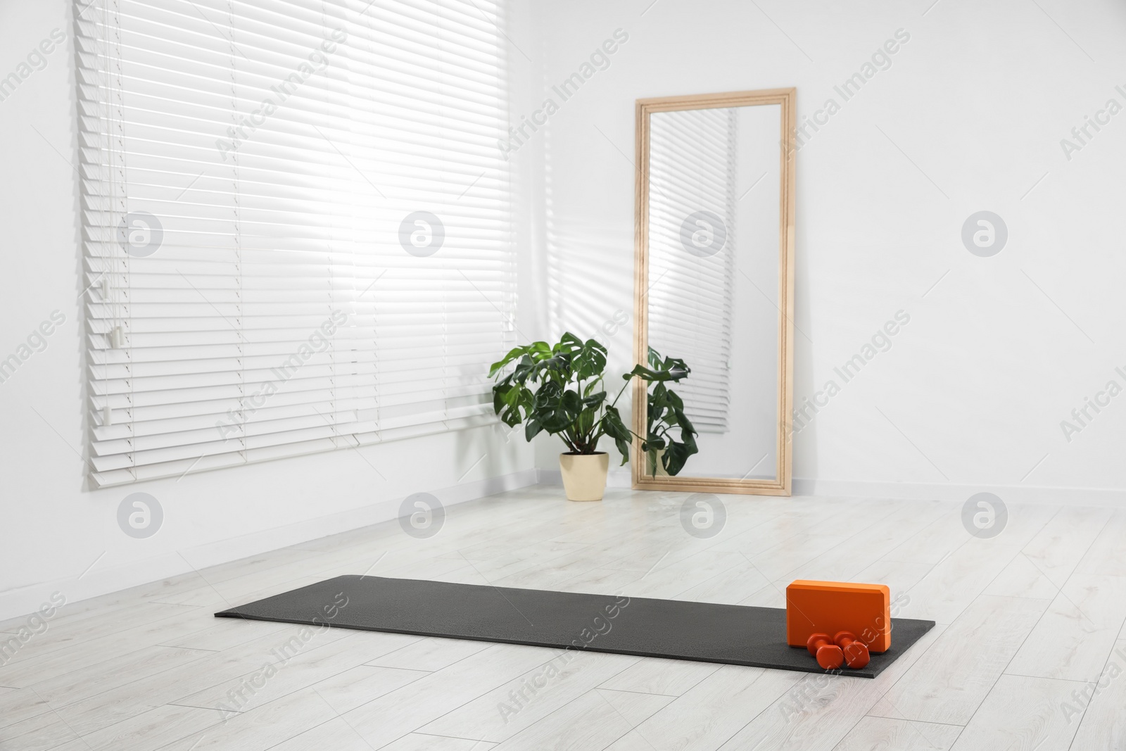 Photo of Exercise mat, yoga block and dumbbells at home. Space for text