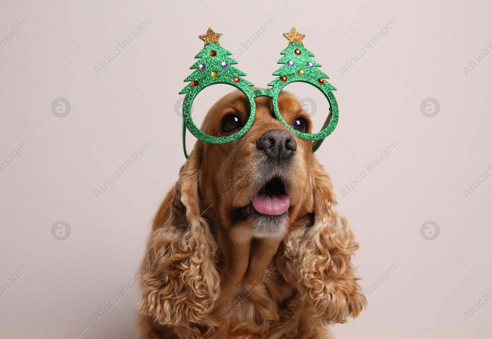 Photo of Adorable Cocker Spaniel dog in party glasses on light background