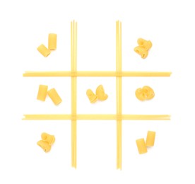 Photo of Tic tac toe game made with different types of pasta isolated on white, top view