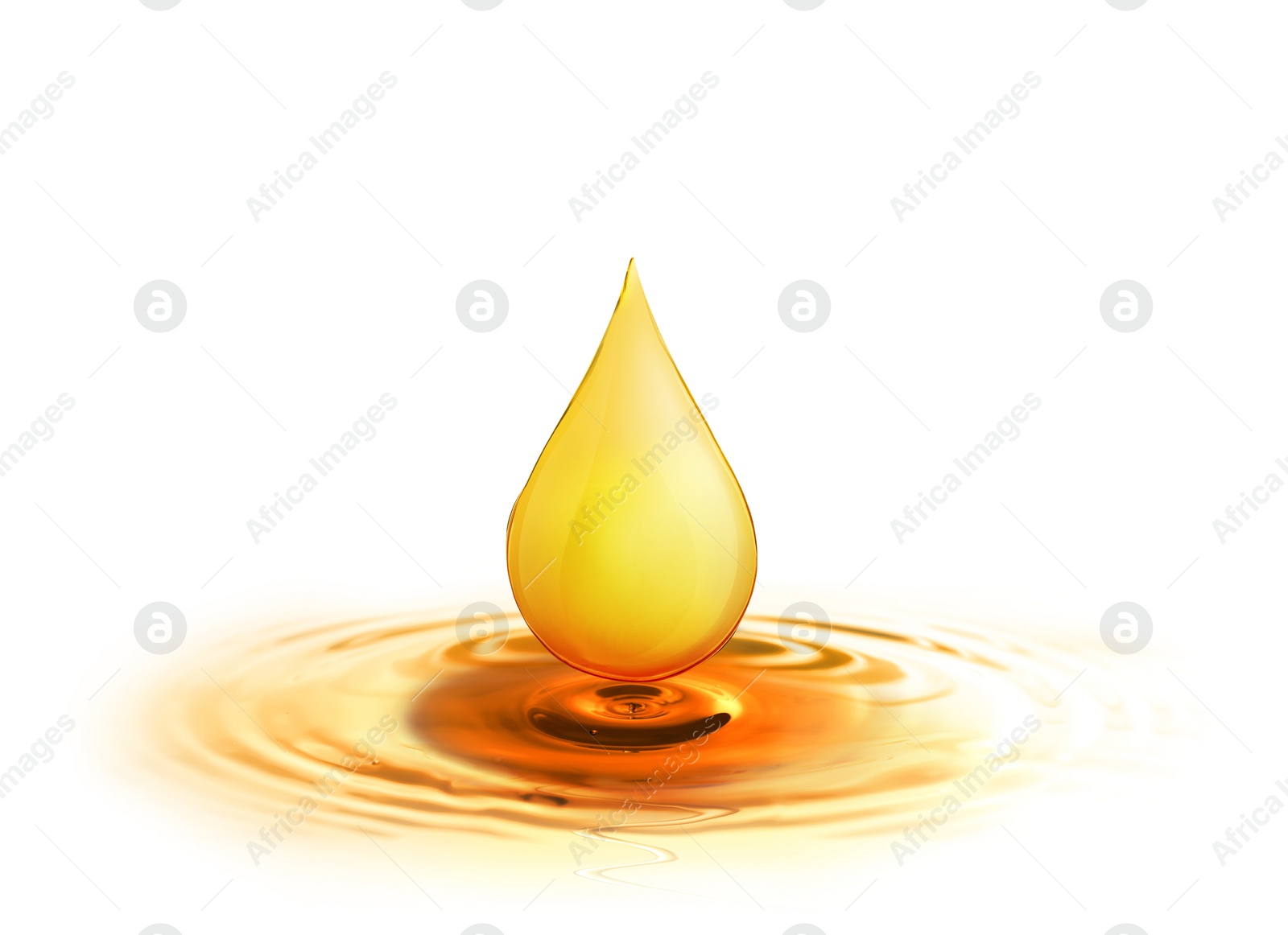 Image of Drop of cooking oil falling into oil on white background