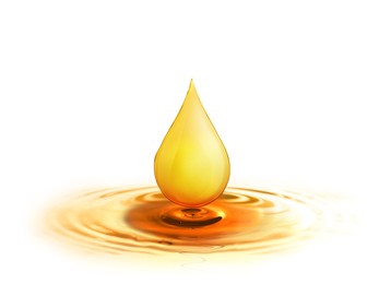 Image of Drop of cooking oil falling into oil on white background