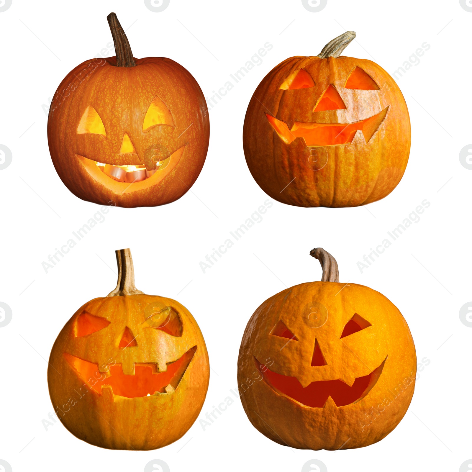 Image of Set of halloween pumpkin head jack lanterns on white background