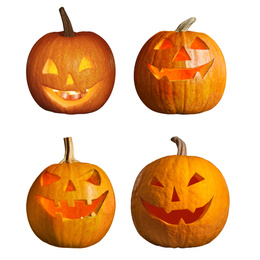 Image of Set of halloween pumpkin head jack lanterns on white background