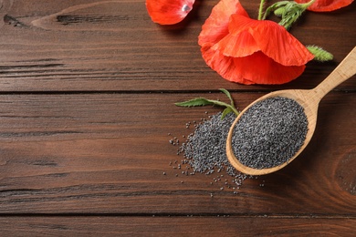 Spoon of poppy seeds and flower on wooden table, flat lay with space for text