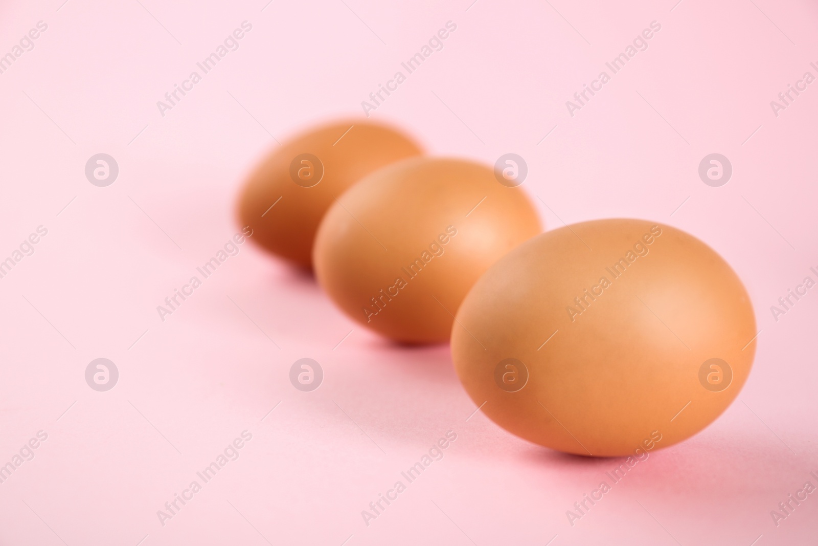 Photo of Raw chicken eggs on pink background, closeup. Space for text