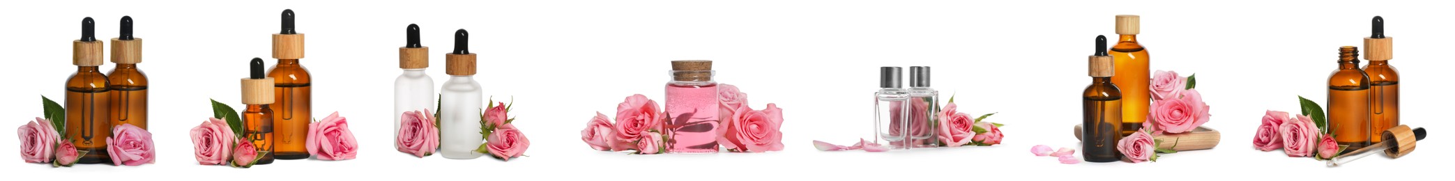 Set with bottles of essential rose oil and flowers on white background. Banner design