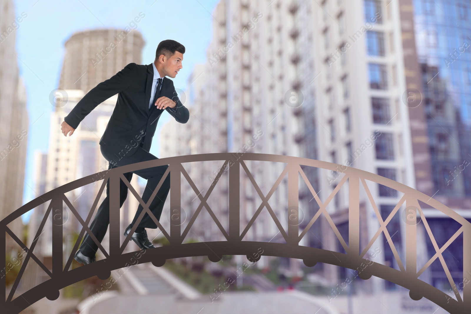 Image of Businessman running over drawn bridge and blurred view of cityscape on background. Connection, relationships, support and deal concept