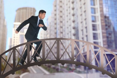 Image of Businessman running over drawn bridge and blurred view of cityscape on background. Connection, relationships, support and deal concept