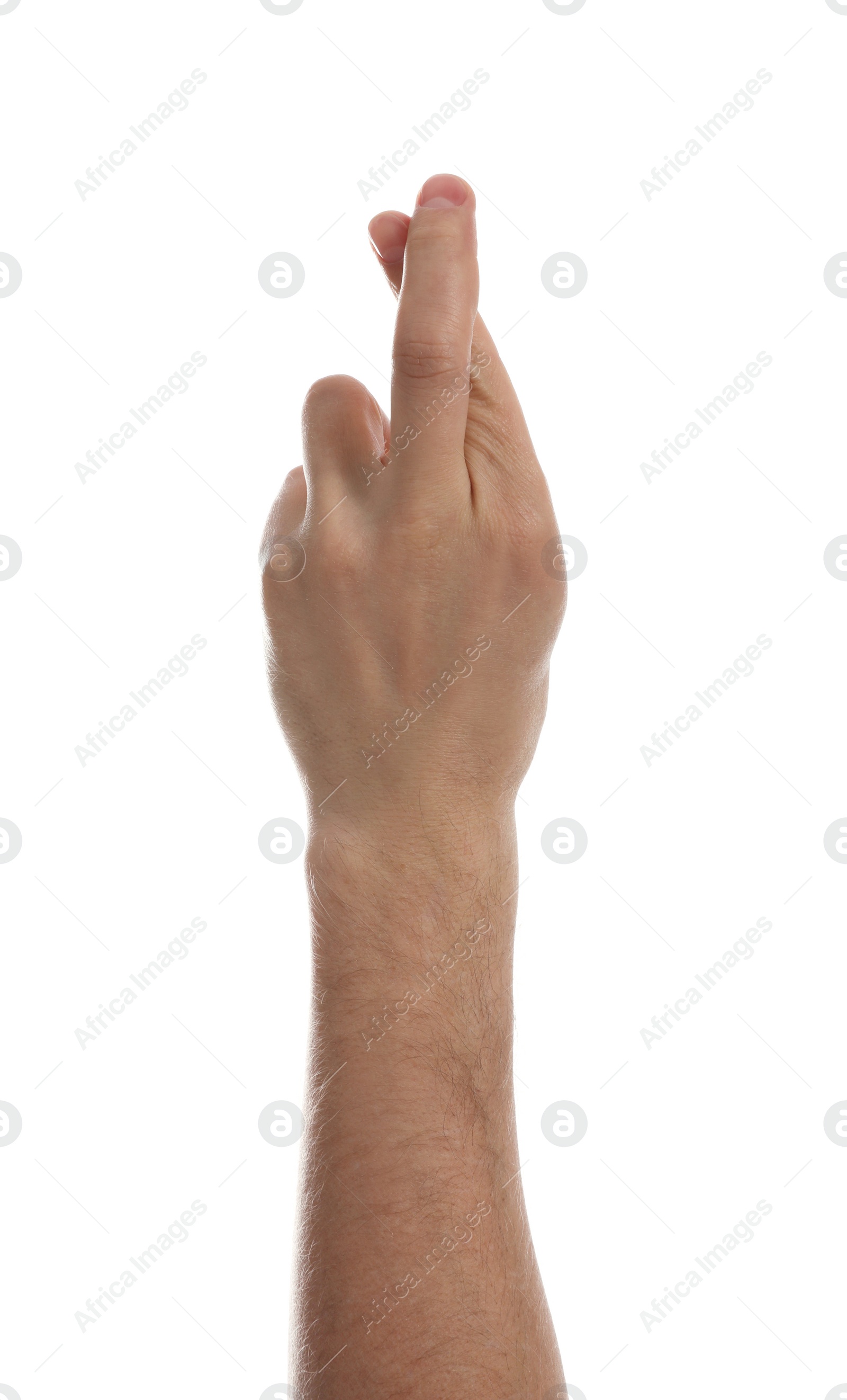 Photo of Man with crossed fingers against white background, closeup of hand