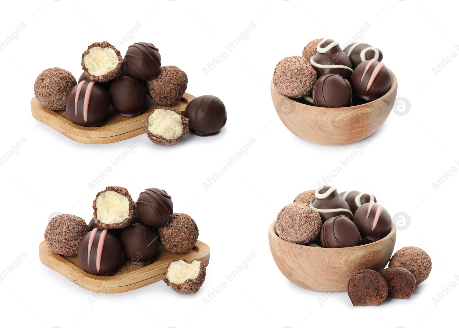 Image of Set with delicious sweet chocolate truffles on white background 