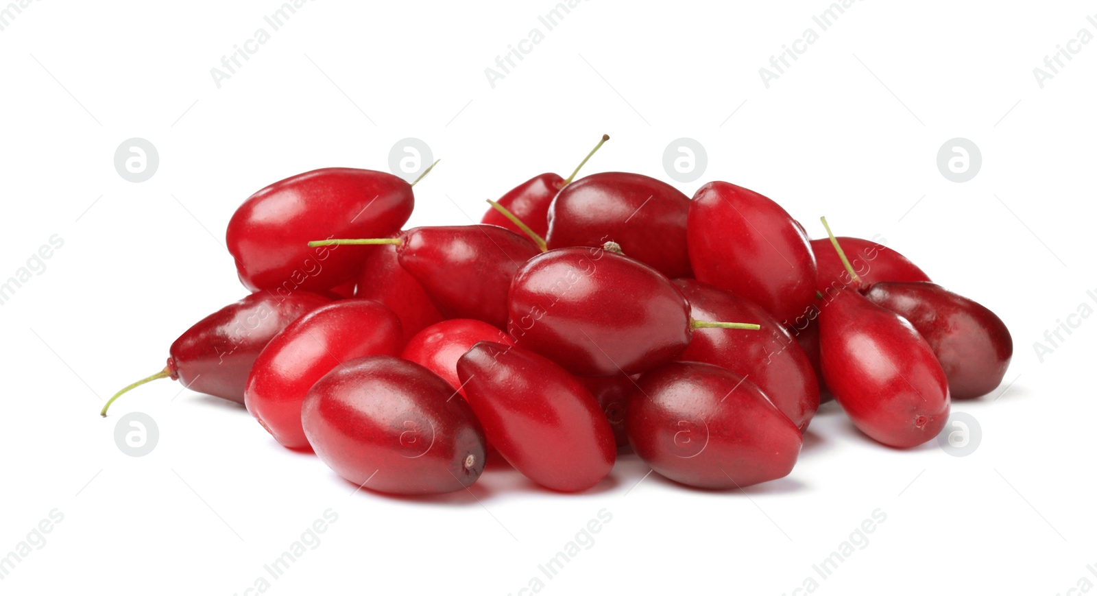 Photo of Pile of fresh ripe dogwood berries on white background